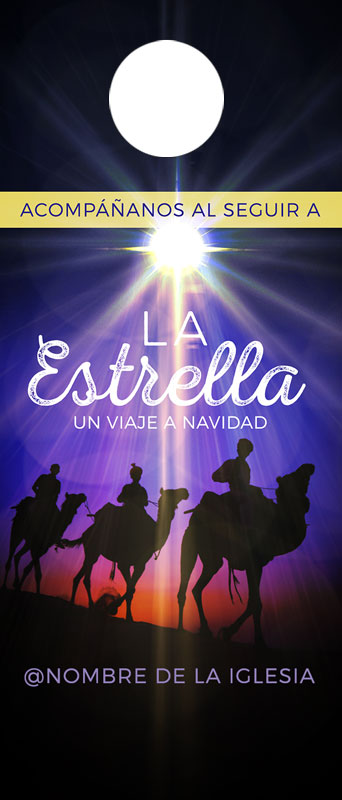 Door Hangers, Christmas, The Star: A Journey to Christmas Spanish, Standard size 3.625 x 8.5, with 3 per 8.5 x 11 sheet